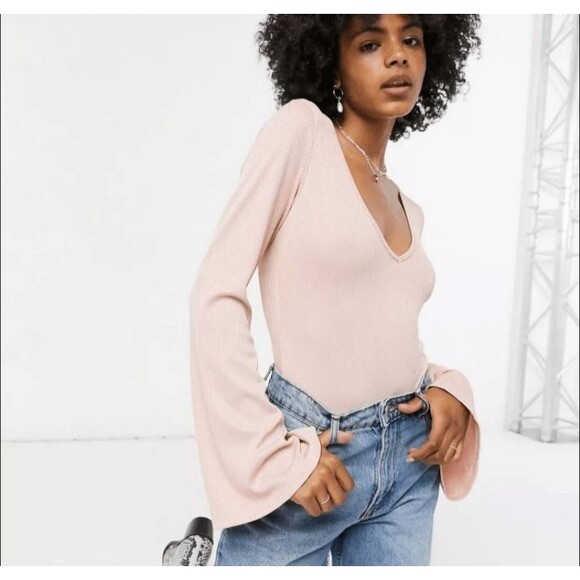 Free People Charli Bodysuit Dusty Rose Women Size Medium Bell Sleeve Waffle Knit - Picture 1 of 14